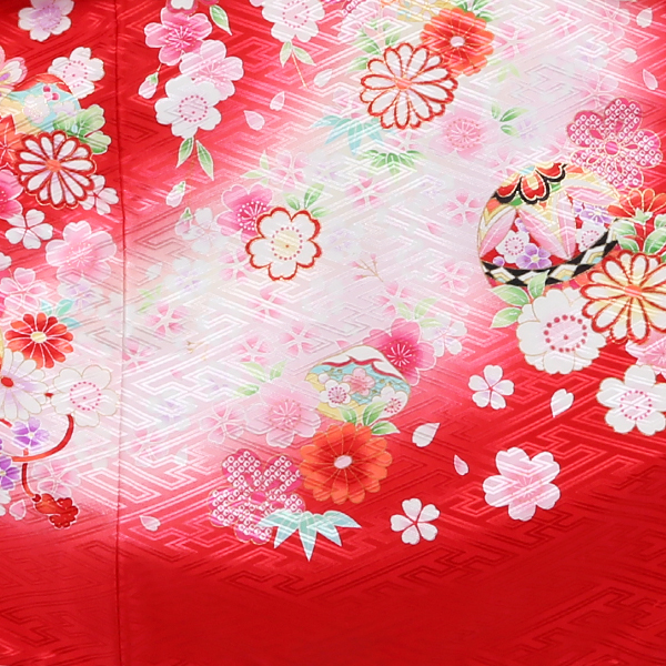 紗綾形地紋・右に牡丹、左に桜、背に鞠(赤)
