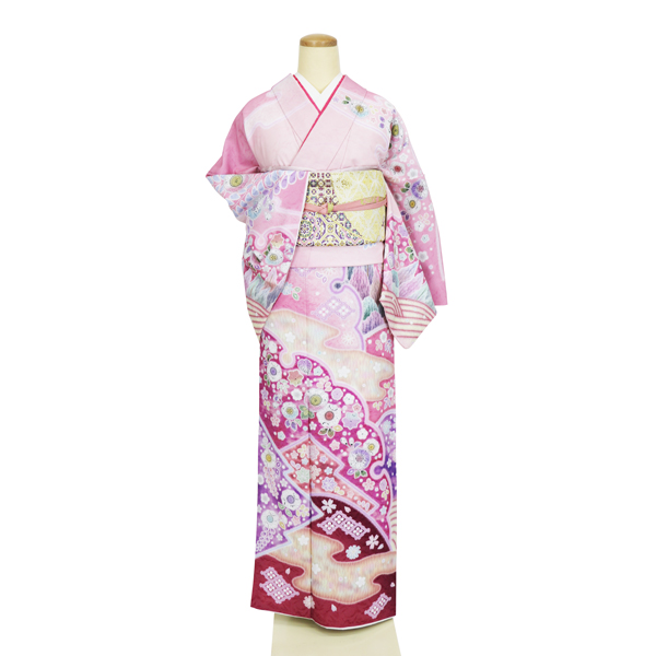 辻が花と流水(石竹色)